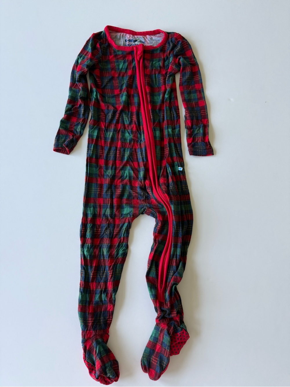 Red & Green Plaid Footed One-Piece Pajamas for Kids